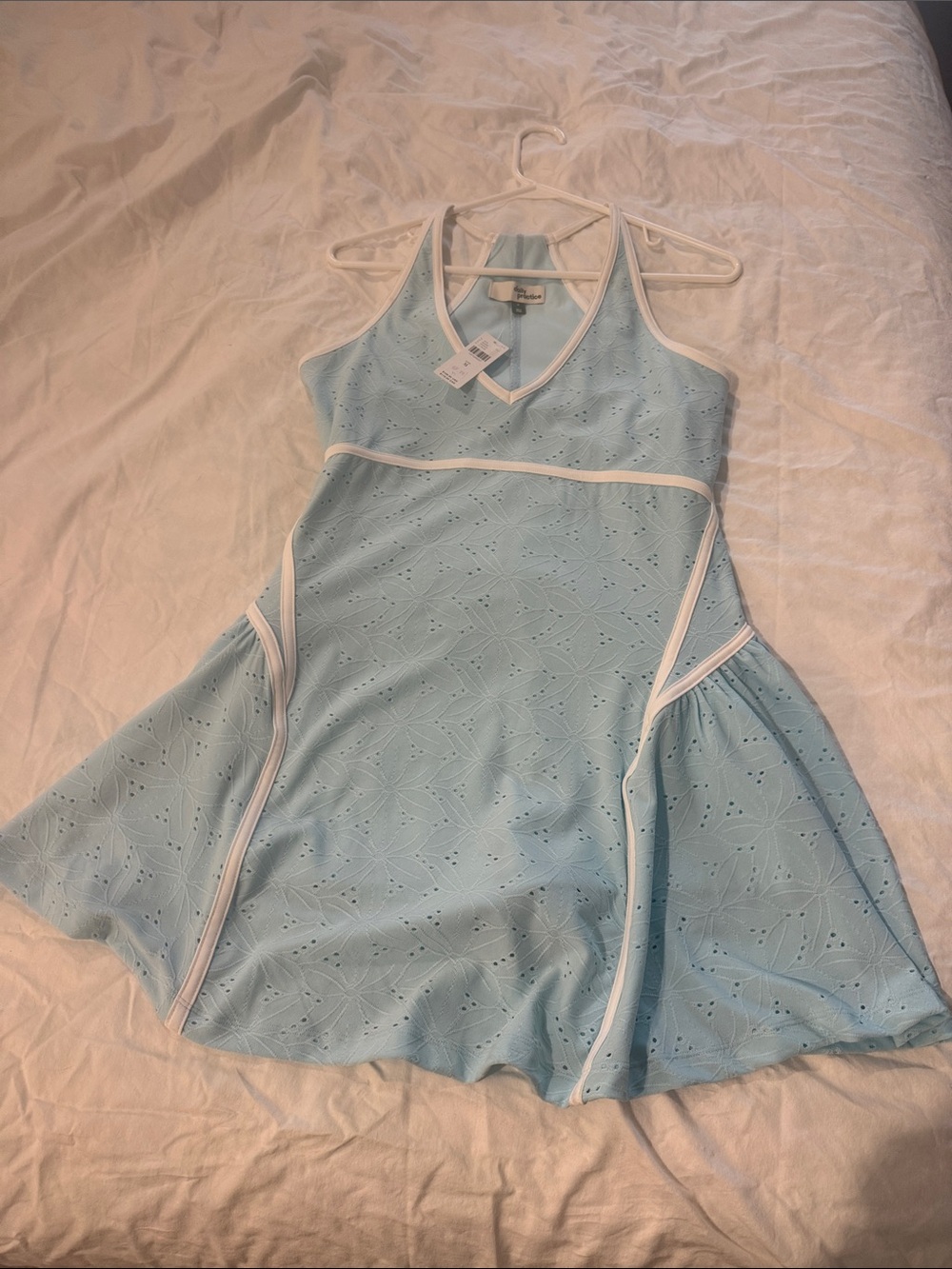 Women's Light Blue Eyelet Tank Dress with White Trim